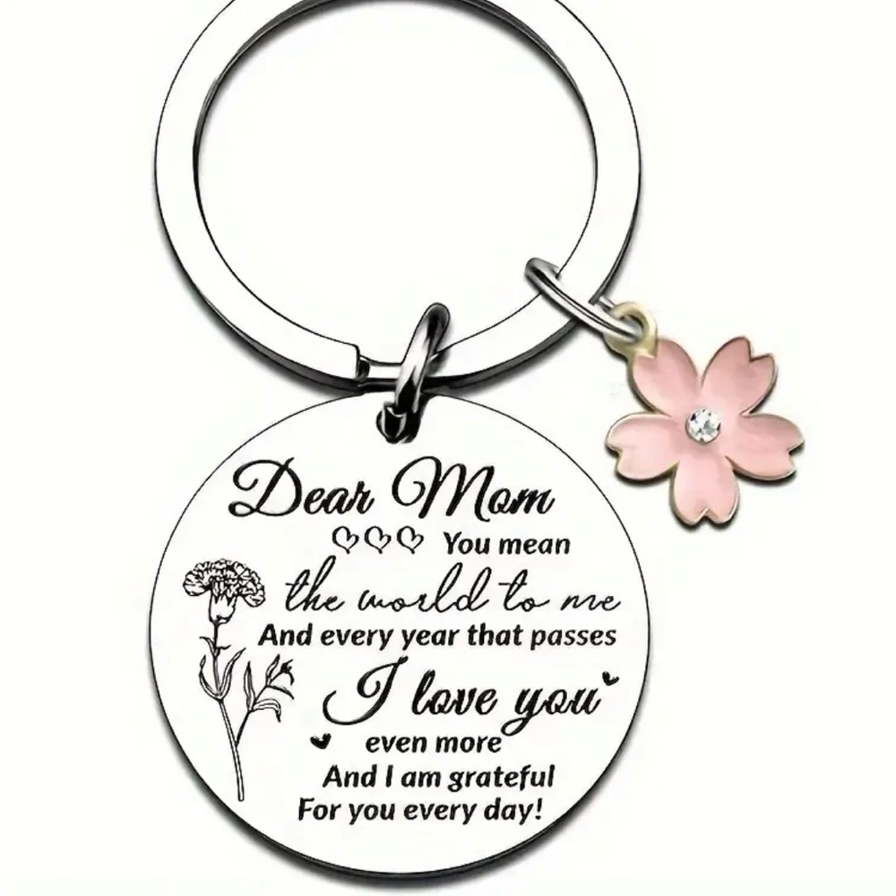Mom Engraved Keychain with Pink Flower Charm